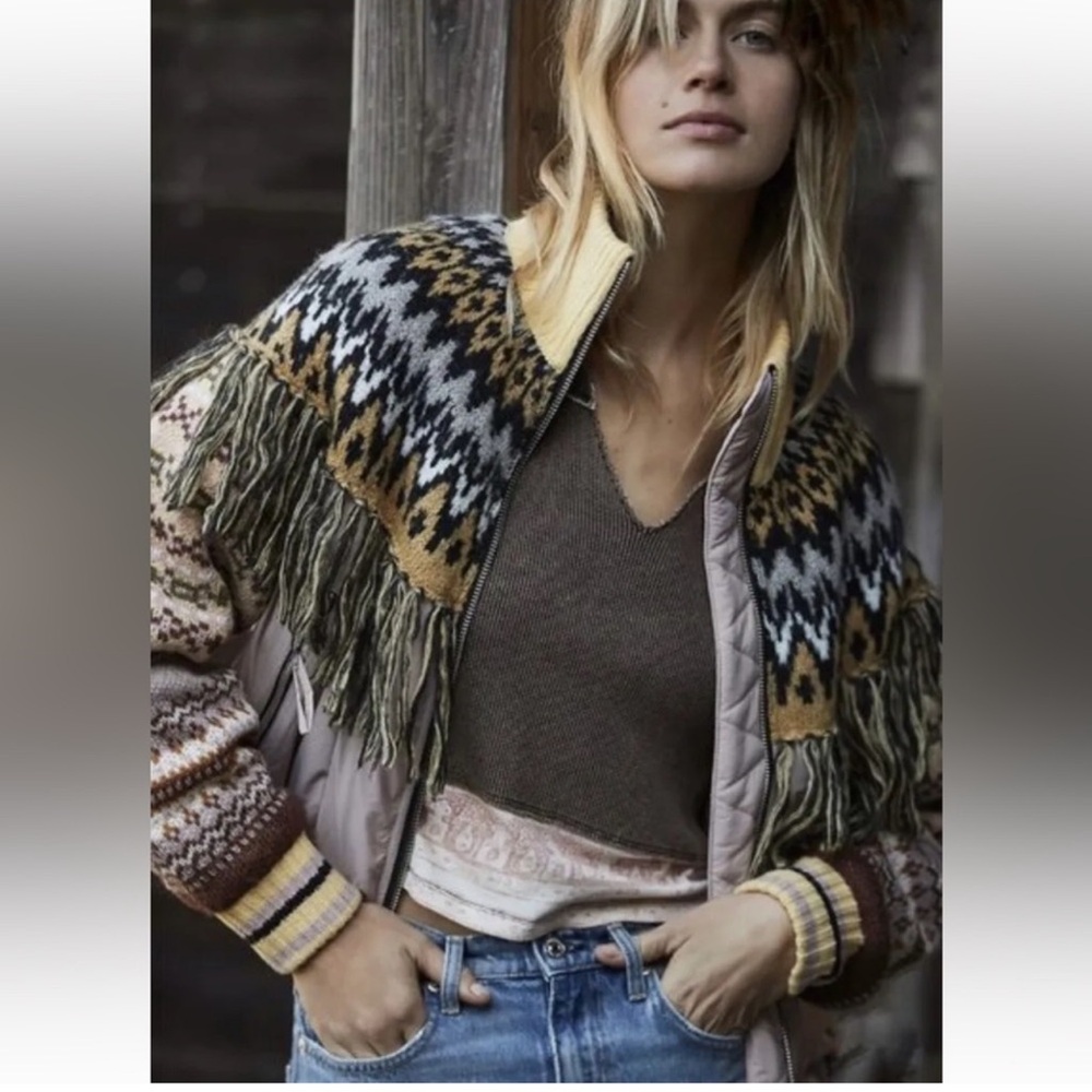 We the free / Free people Riley Swit fringe knit jacket/bomber boho chic Sz S